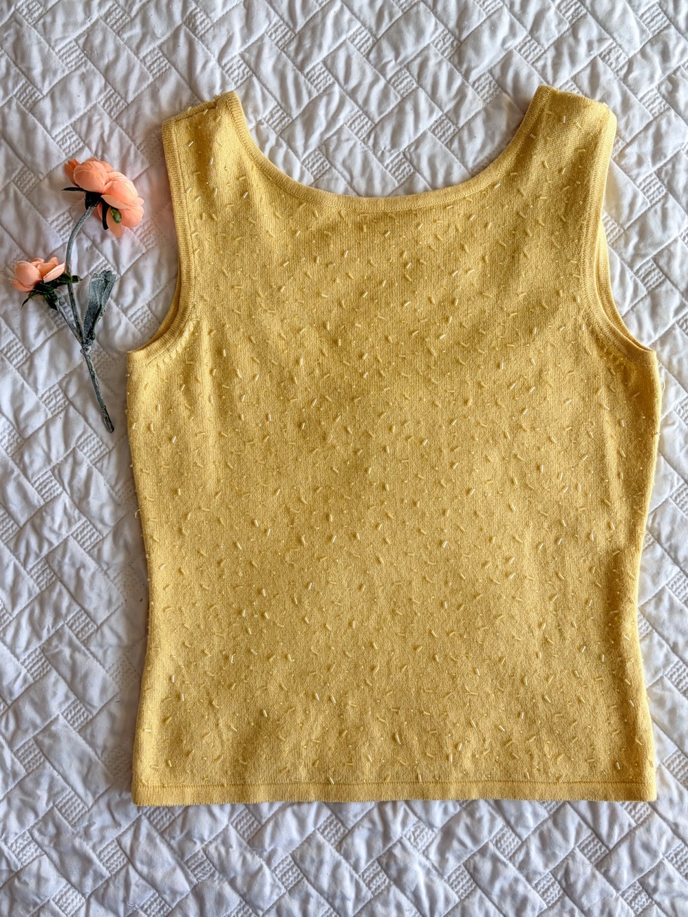 Cache Vintage Silk Cashmere Beaded Yellow Sweater Tank Top Size Small